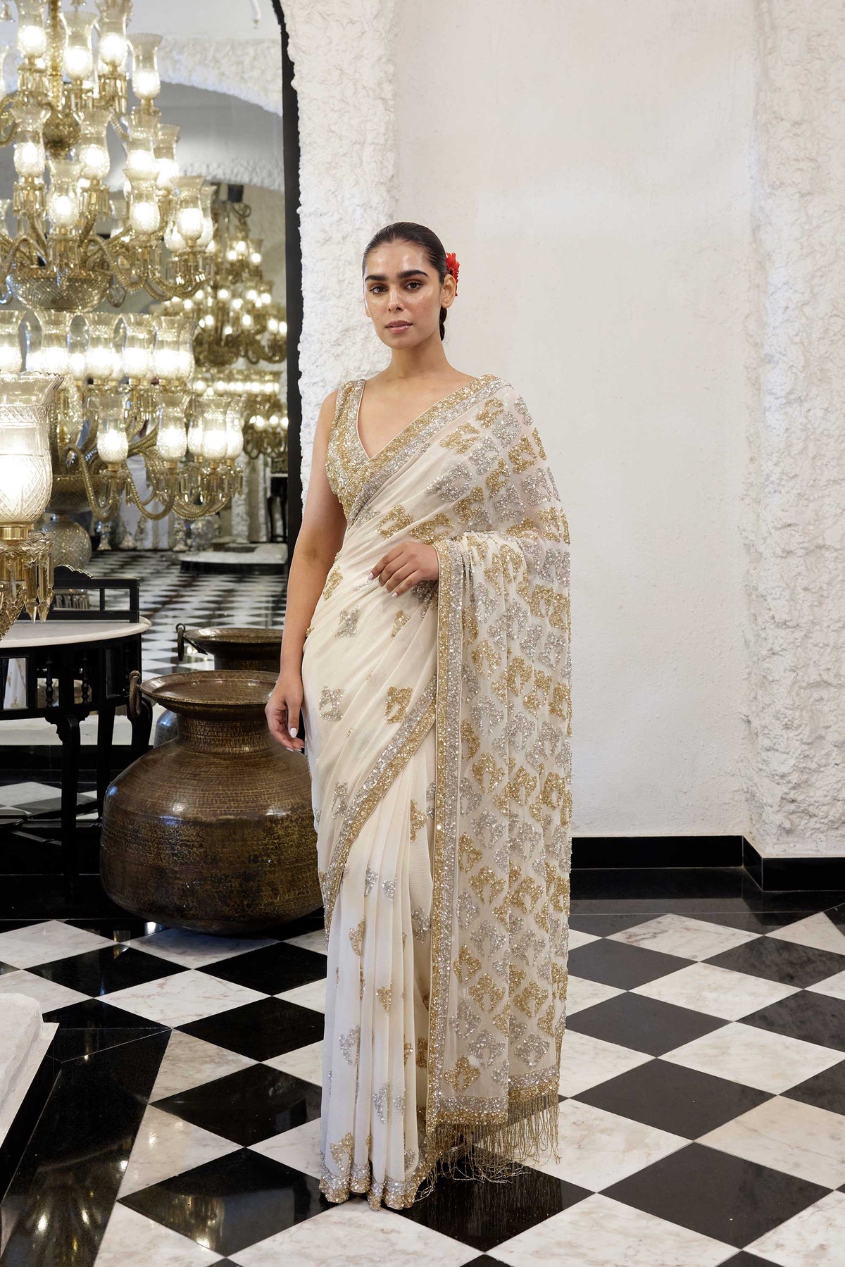 Sari Set in Booti Grid gold & silver sequin embroidery