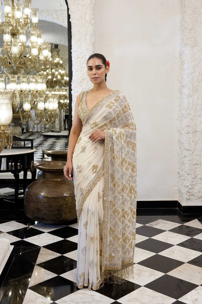 Sari Set in Booti Grid gold & silver sequin embroidery