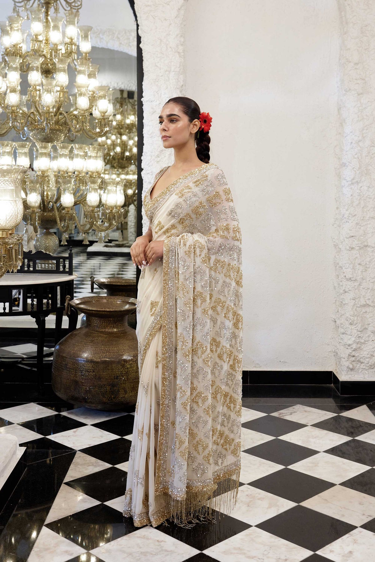 Sari Set in Booti Grid gold & silver sequin embroidery