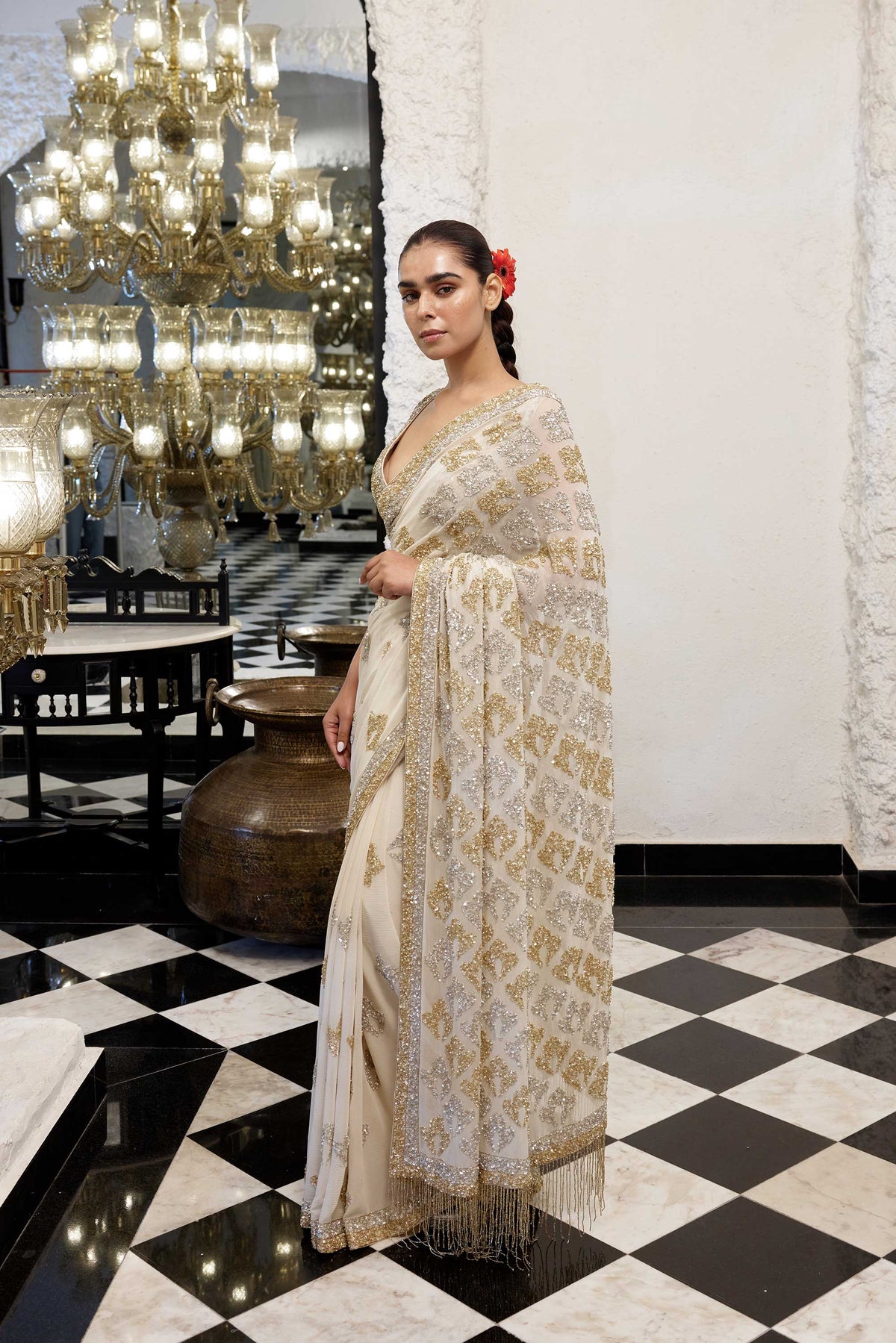 Sari Set in Booti Grid gold & silver sequin embroidery