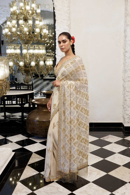 Sari Set in Booti Grid gold & silver sequin embroidery