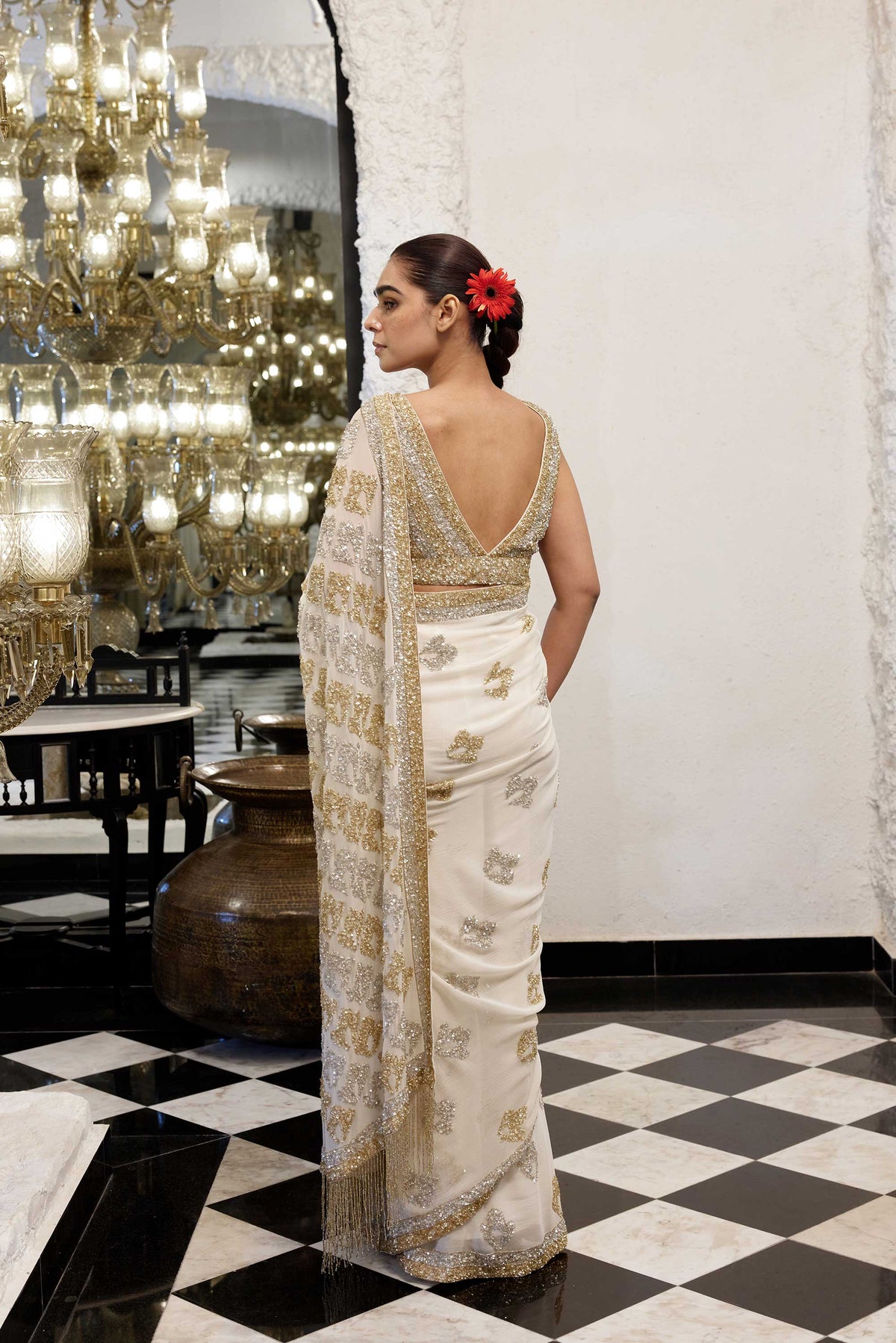 Sari Set in Booti Grid gold & silver sequin embroidery