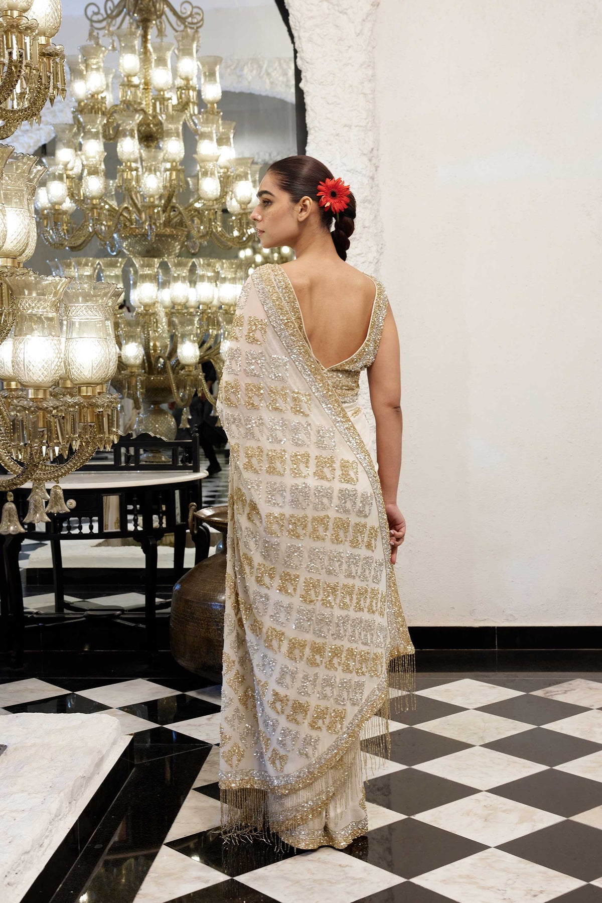 Sari Set in Booti Grid gold & silver sequin embroidery