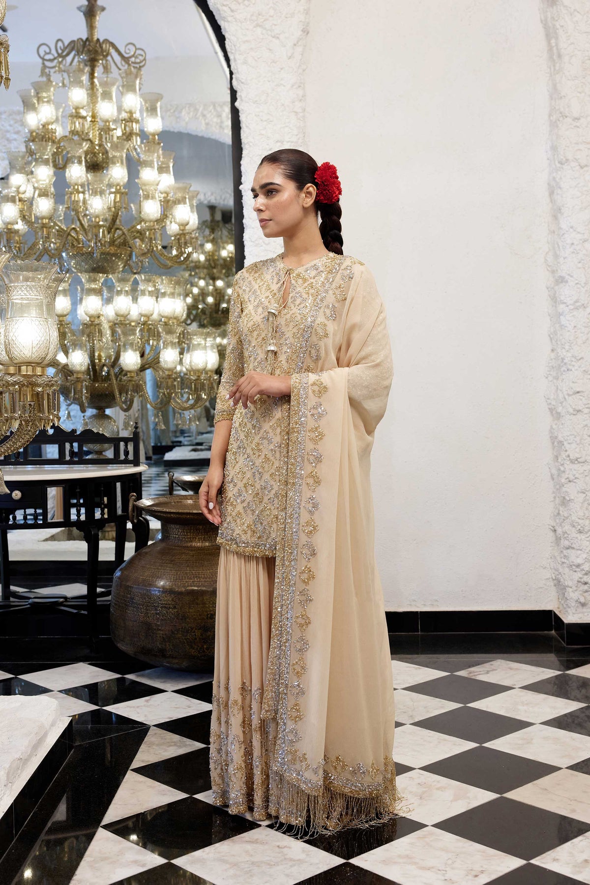 Gharara Set in Booti Grid design in gold & silver sequin embroidery