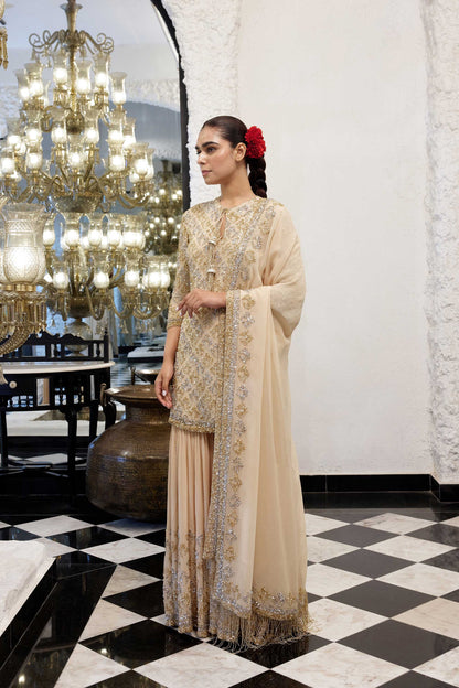 Gharara Set in Booti Grid design in gold & silver sequin embroidery