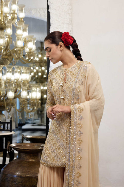 Gharara Set in Booti Grid design in gold & silver sequin embroidery