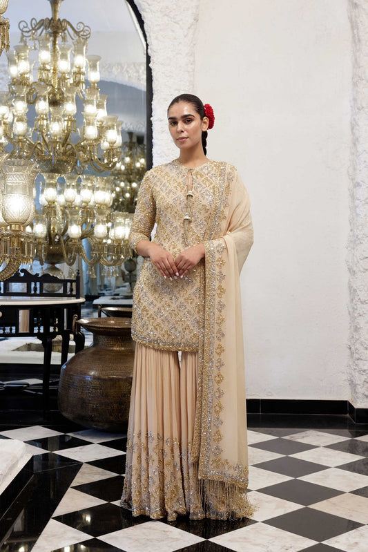 Gharara Set in Booti Grid design in gold & silver sequin embroidery