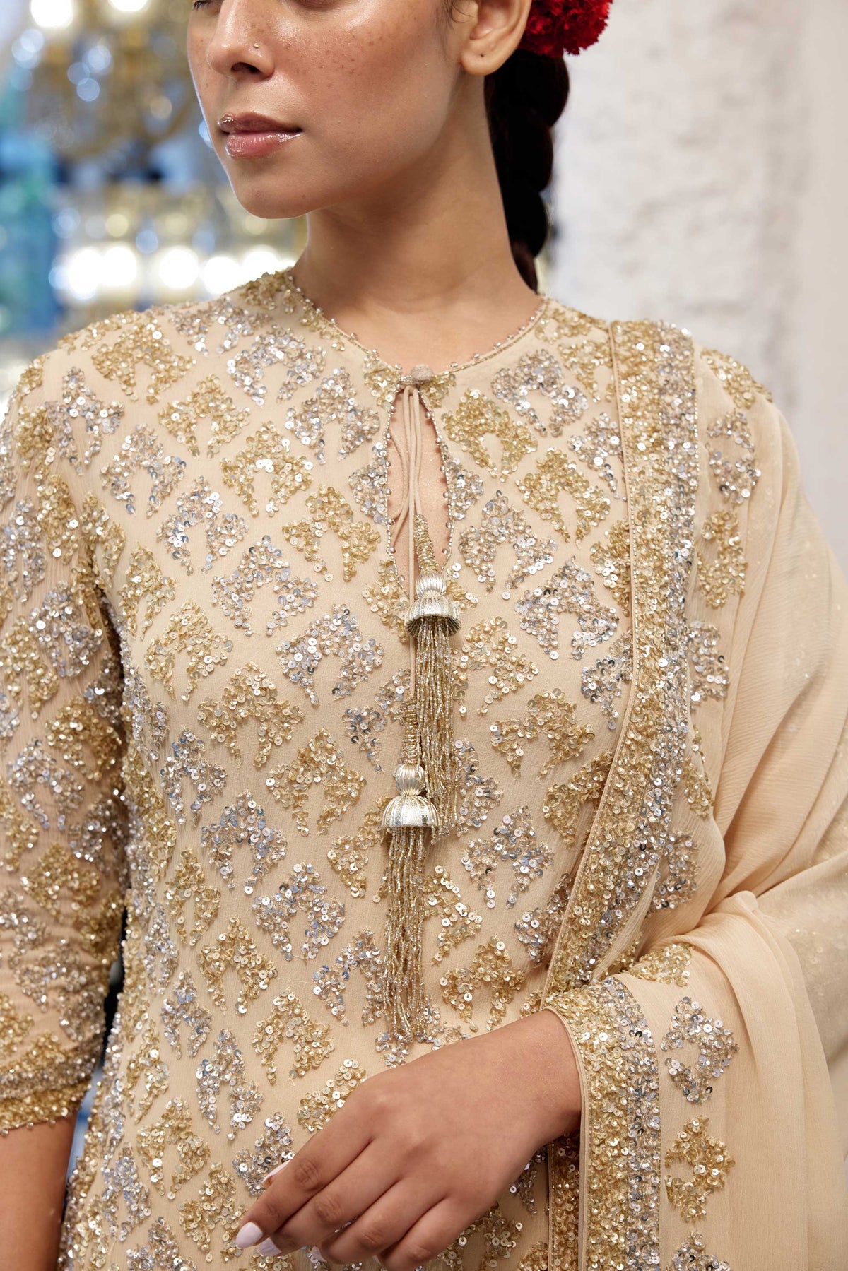 Gharara Set in Booti Grid design in gold & silver sequin embroidery