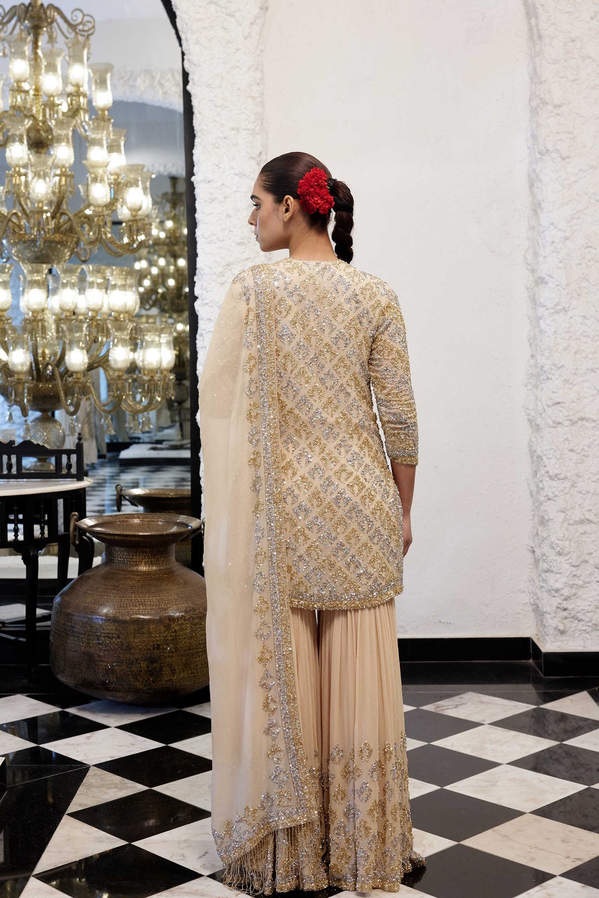 Gharara Set in Booti Grid design in gold & silver sequin embroidery