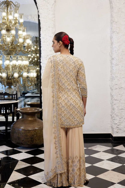 Gharara Set in Booti Grid design in gold & silver sequin embroidery