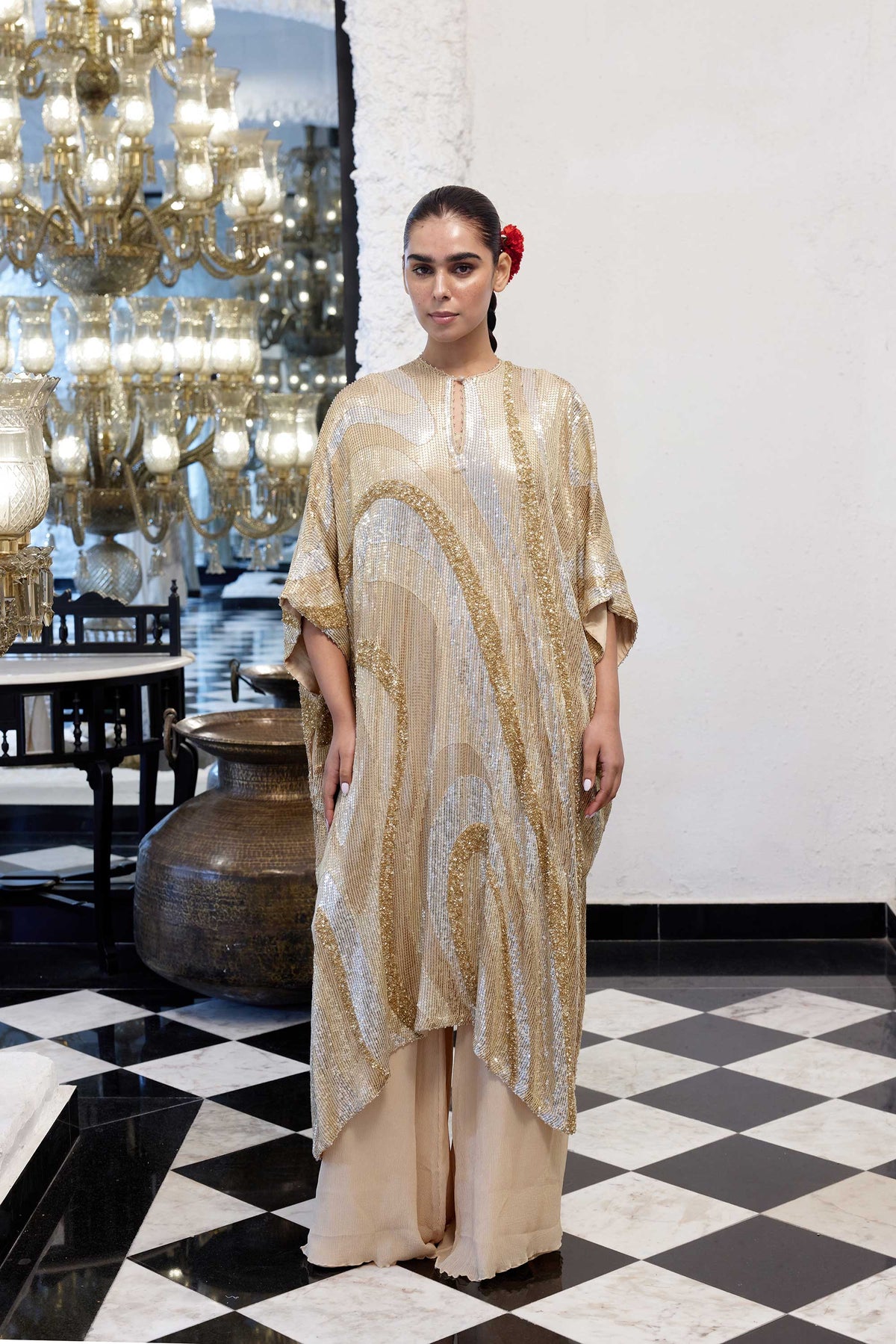 Kaftan Set in Wave design sheeted Sequin Embroidery