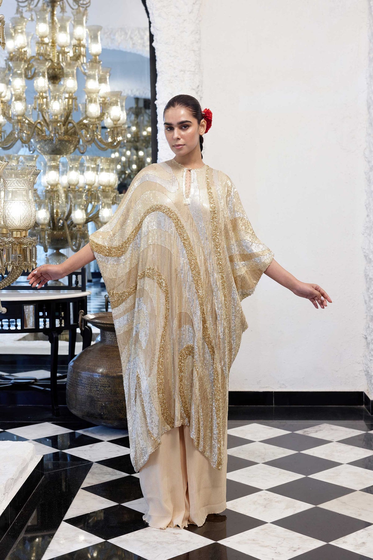 Kaftan Set in Wave design sheeted Sequin Embroidery