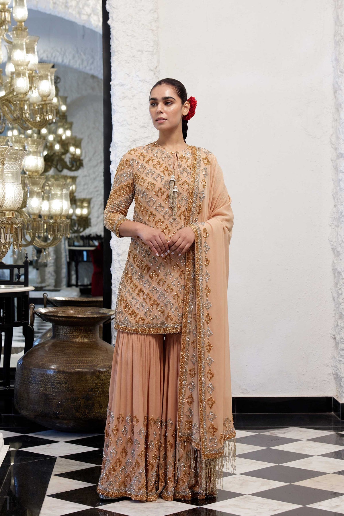 Gharara Set in Booti Grid design in gold & silver sequin embroidery