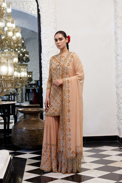 Gharara Set in Booti Grid design in gold & silver sequin embroidery