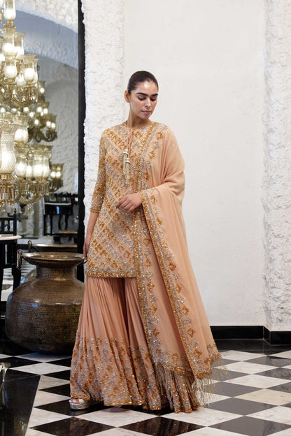 Gharara Set in Booti Grid design in gold & silver sequin embroidery