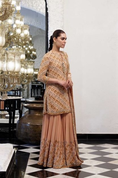 Gharara Set in Booti Grid design in gold & silver sequin embroidery
