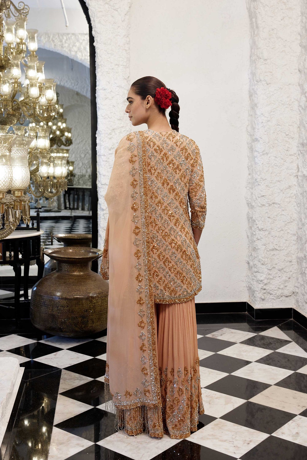 Gharara Set in Booti Grid design in gold & silver sequin embroidery