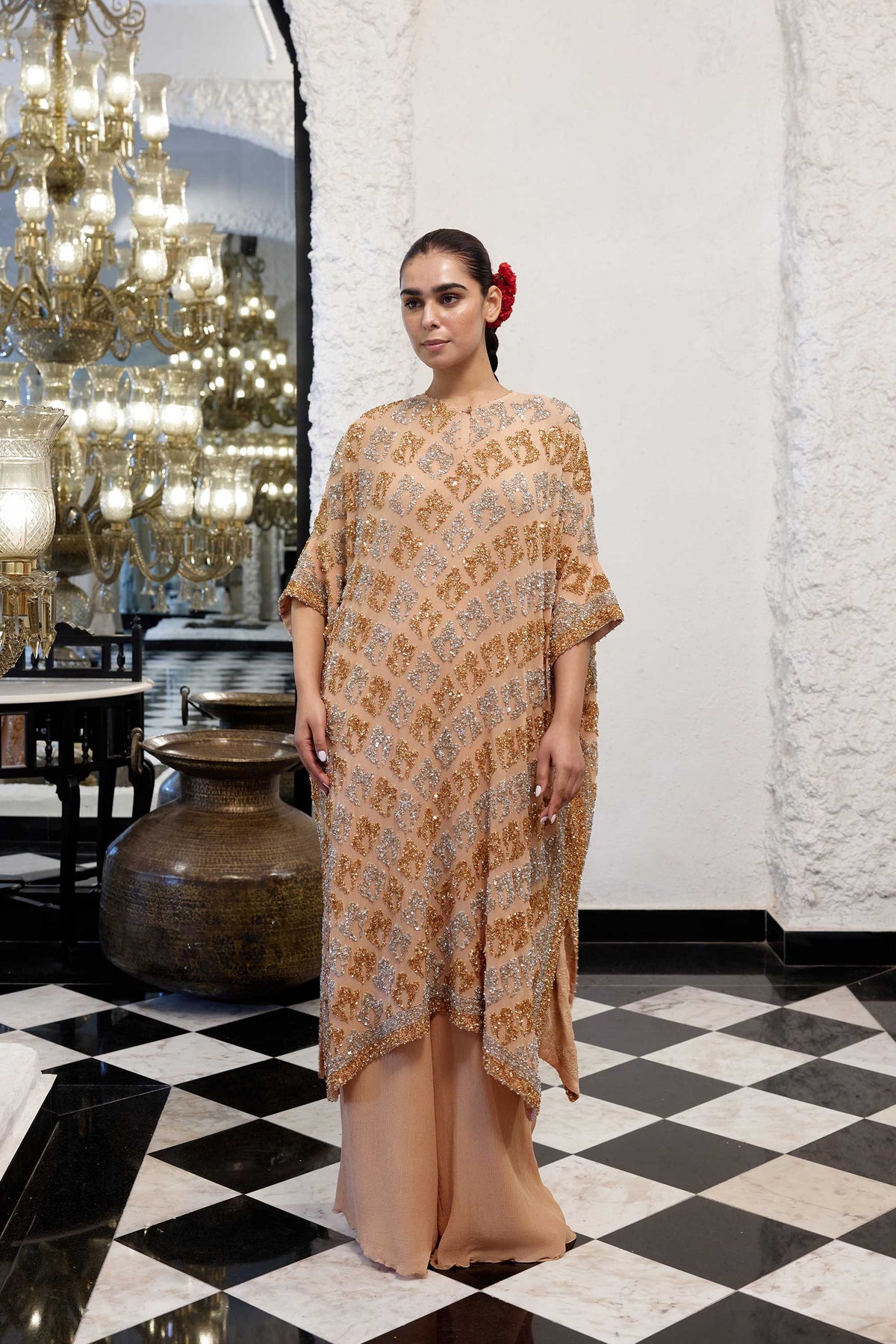 Kaftan Set in Booti Grid gold & silver Sequin Embroidery