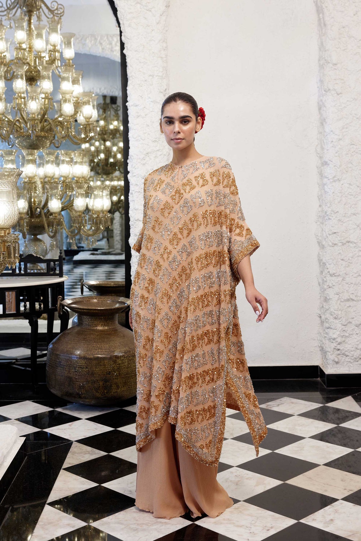 Kaftan Set in Booti Grid gold & silver Sequin Embroidery