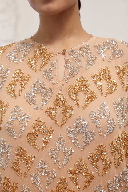 Kaftan Set in Booti Grid gold & silver Sequin Embroidery