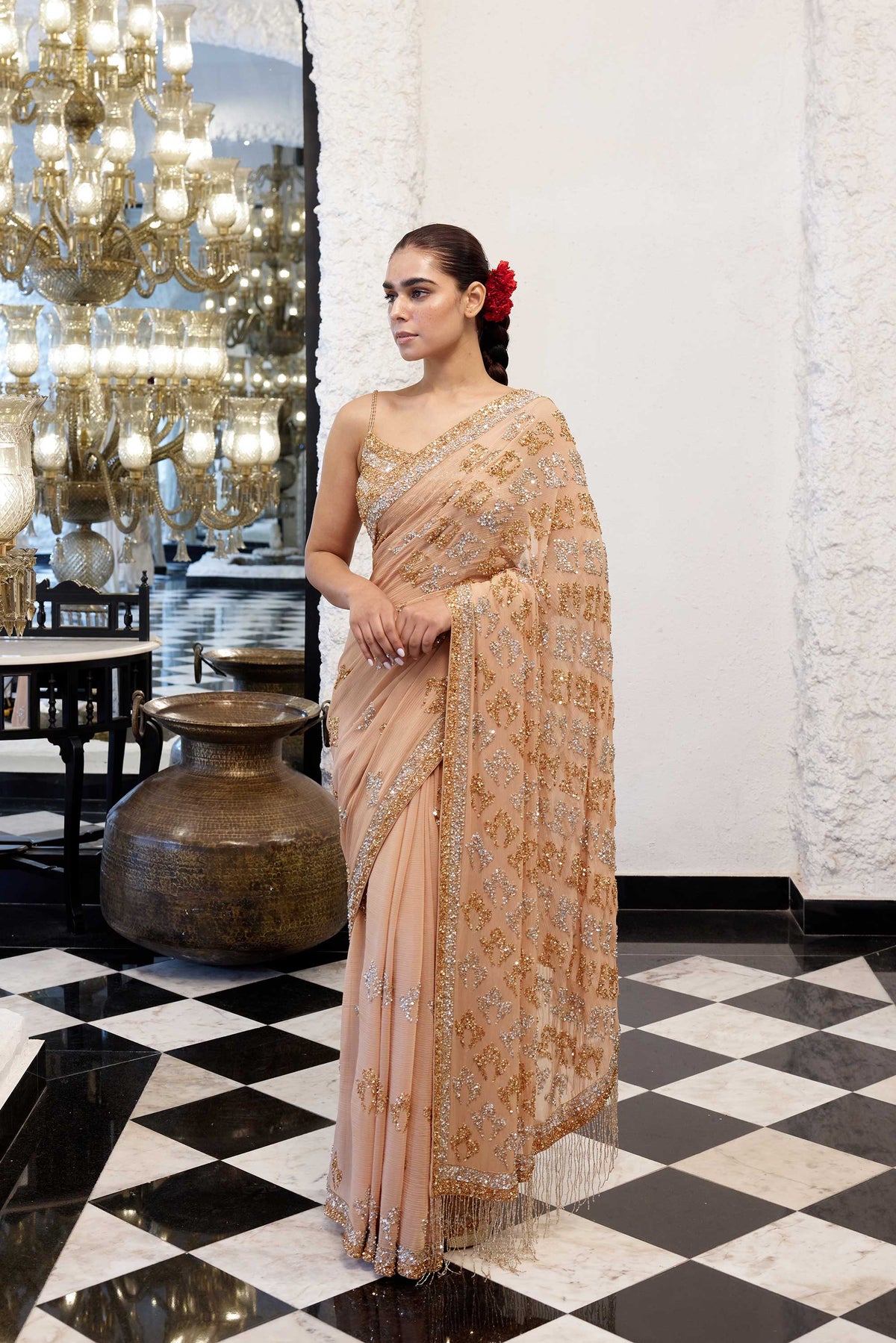 Sari Set in Booti Grid gold & silver sequin embroidery
