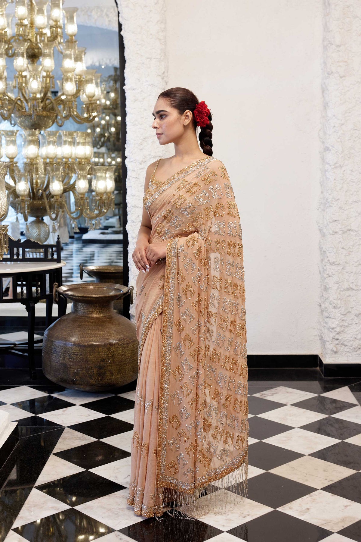 Sari Set in Booti Grid gold & silver sequin embroidery
