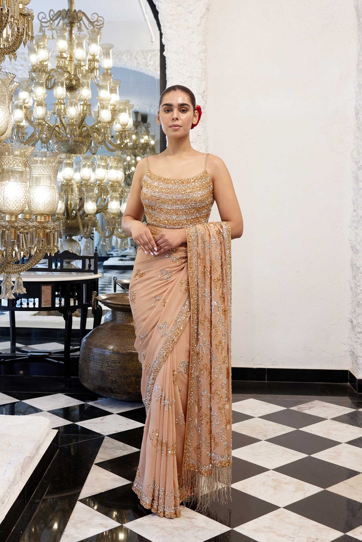 Sari Set in Booti Grid gold & silver sequin embroidery