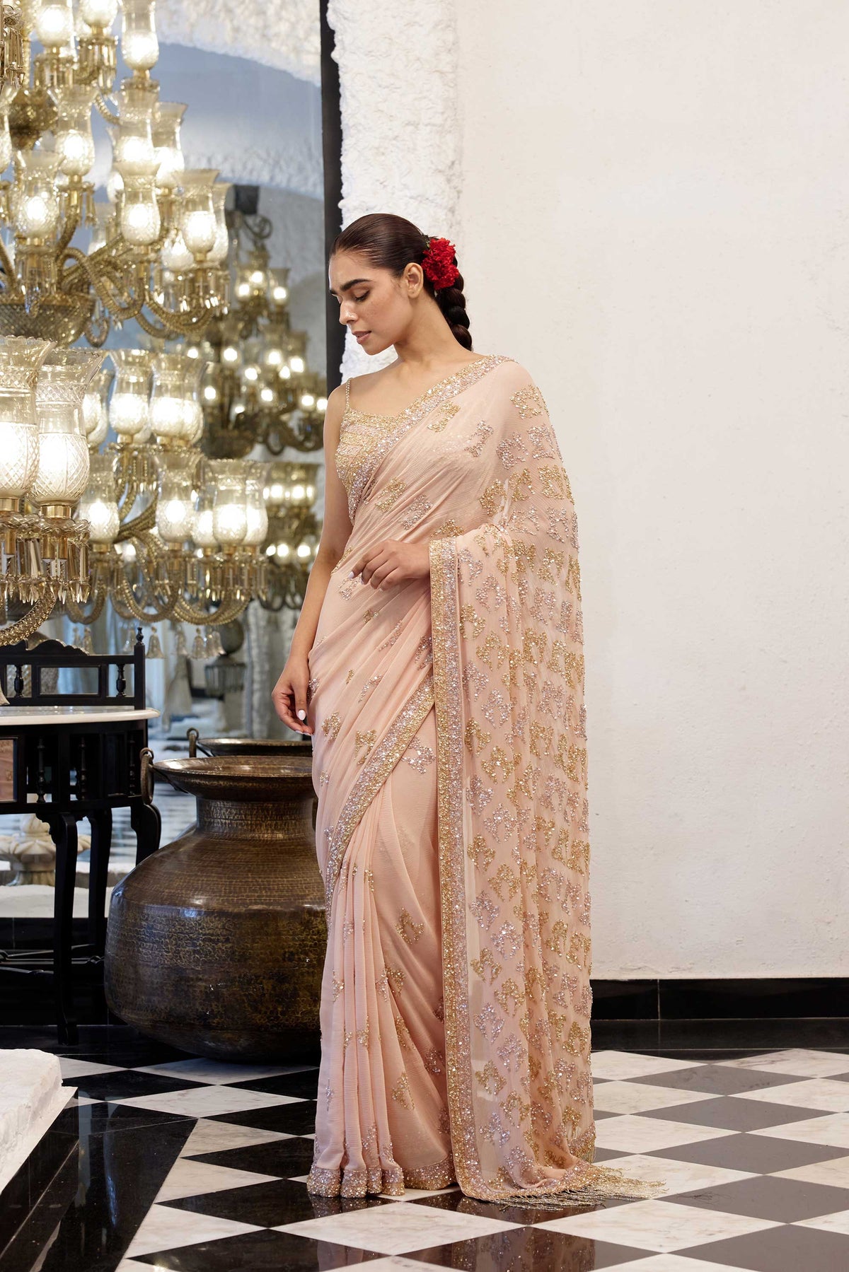 Sari Set in Booti Grid gold & silver sequin embroidery