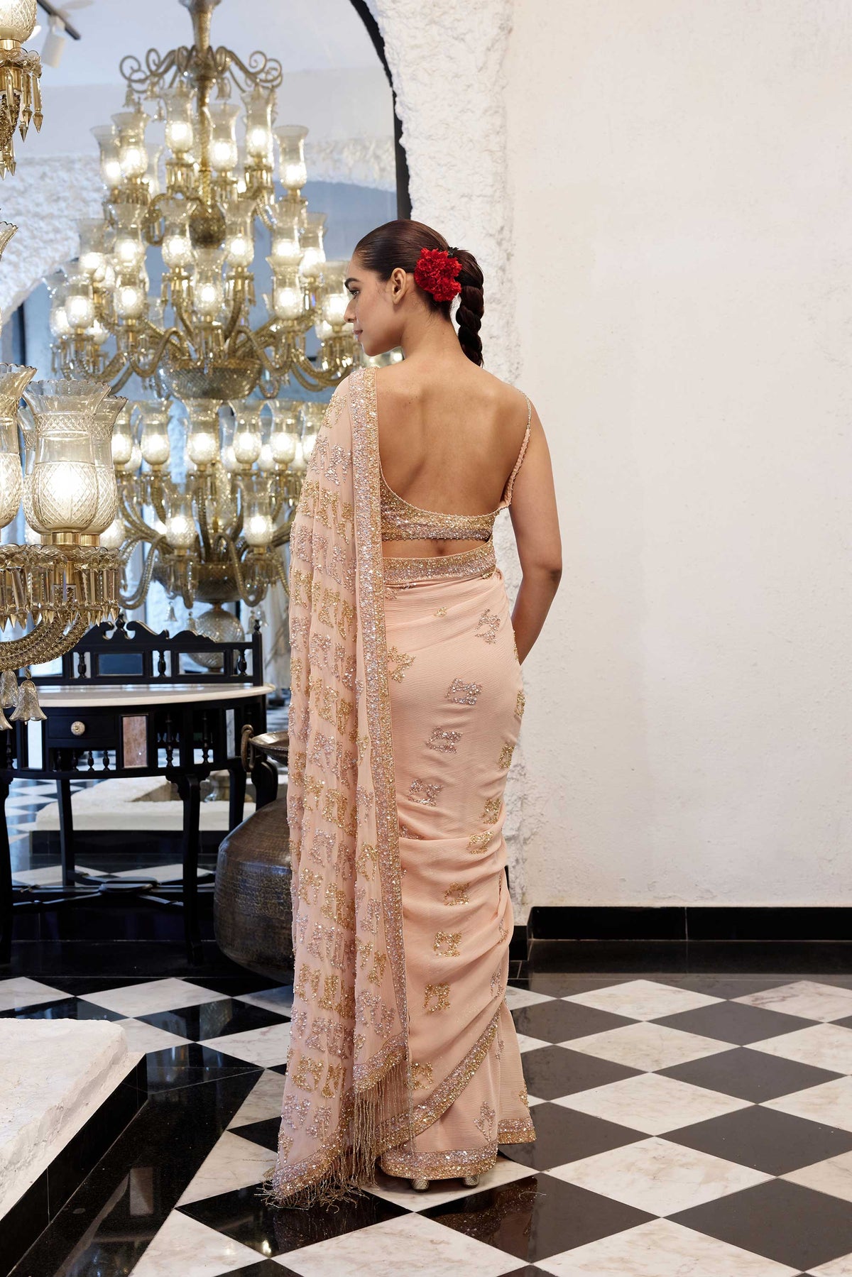Sari Set in Booti Grid gold & silver sequin embroidery