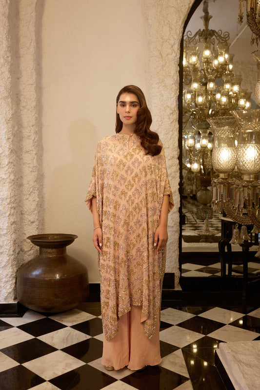Kaftan Set in Booti Grid gold & silver Sequin Embroidery