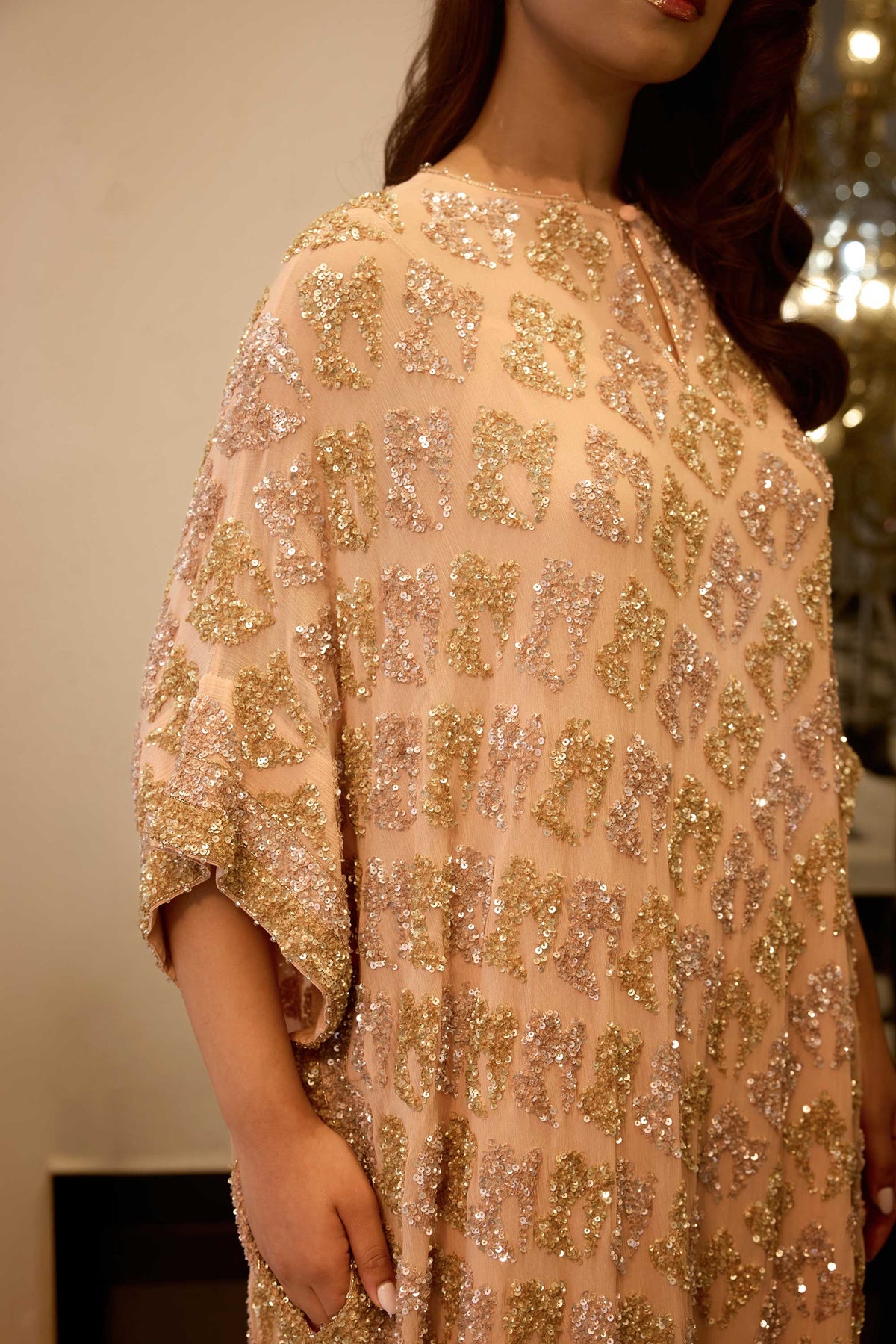 Kaftan Set in Booti Grid gold & silver Sequin Embroidery