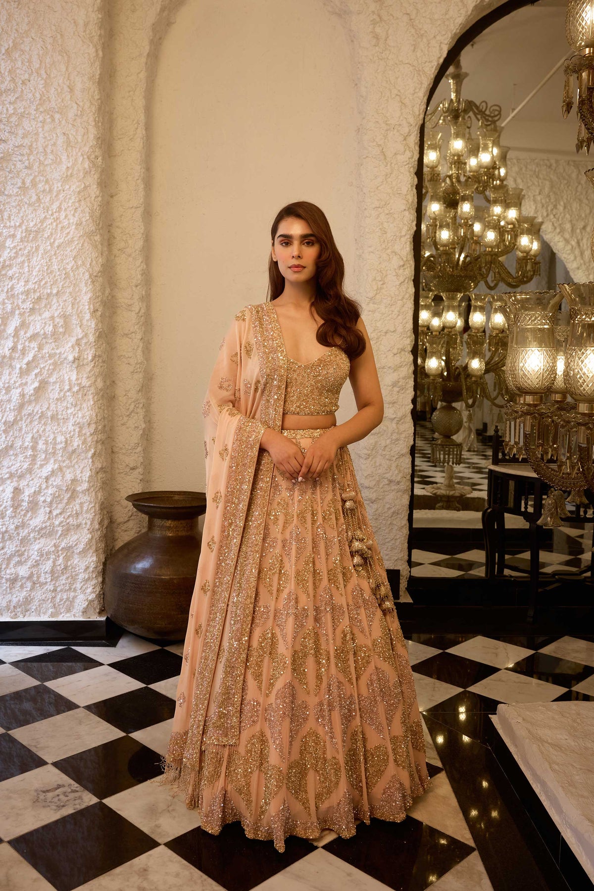 LEHENGA SET in grid motifs gold & silver sequin embroidery