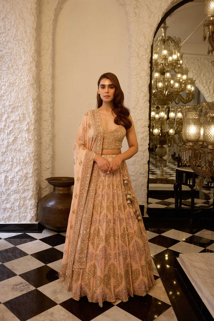 LEHENGA SET in grid motifs gold & silver sequin embroidery