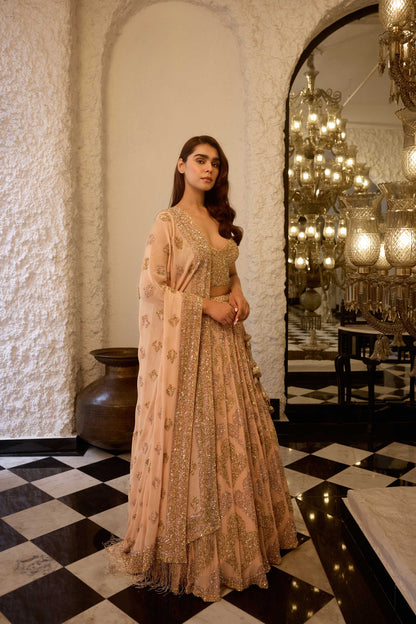 LEHENGA SET in grid motifs gold & silver sequin embroidery