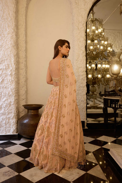 LEHENGA SET in grid motifs gold & silver sequin embroidery