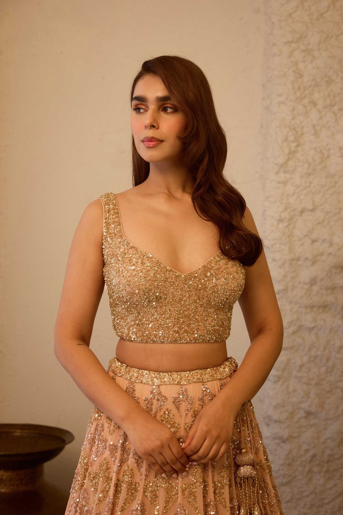 LEHENGA SET in grid motifs gold & silver sequin embroidery