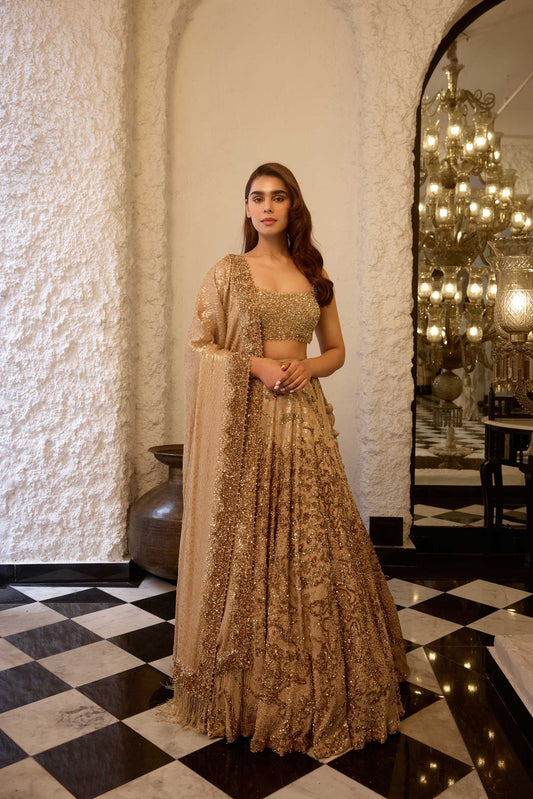 Lehenga Set in Gold Sequin Embroidery IN Alligator skin design