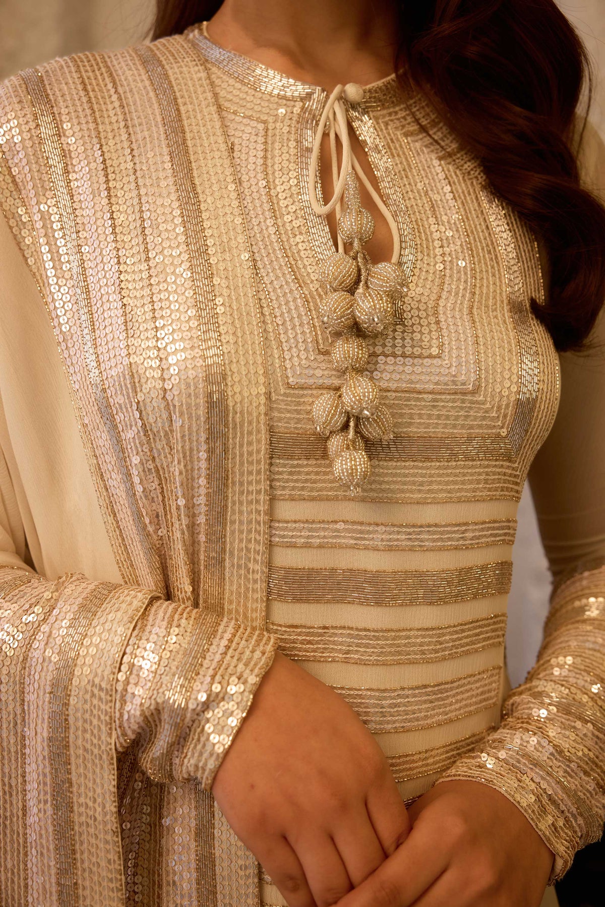 Kurta Set in yoke sheeted gold silver sequin embroidery
