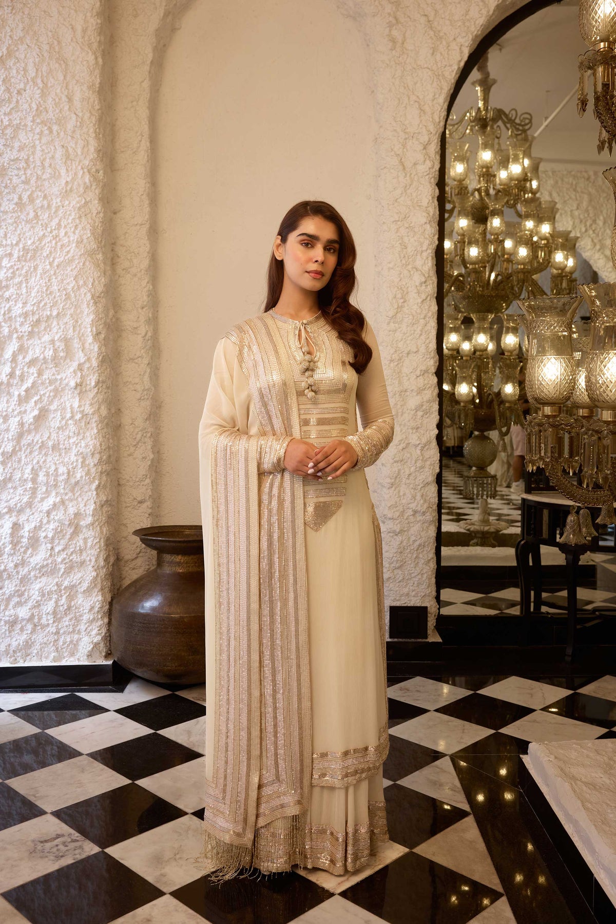 Kurta Set in yoke sheeted gold silver sequin embroidery