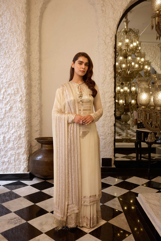 Kurta Set in yoke sheeted gold silver sequin embroidery