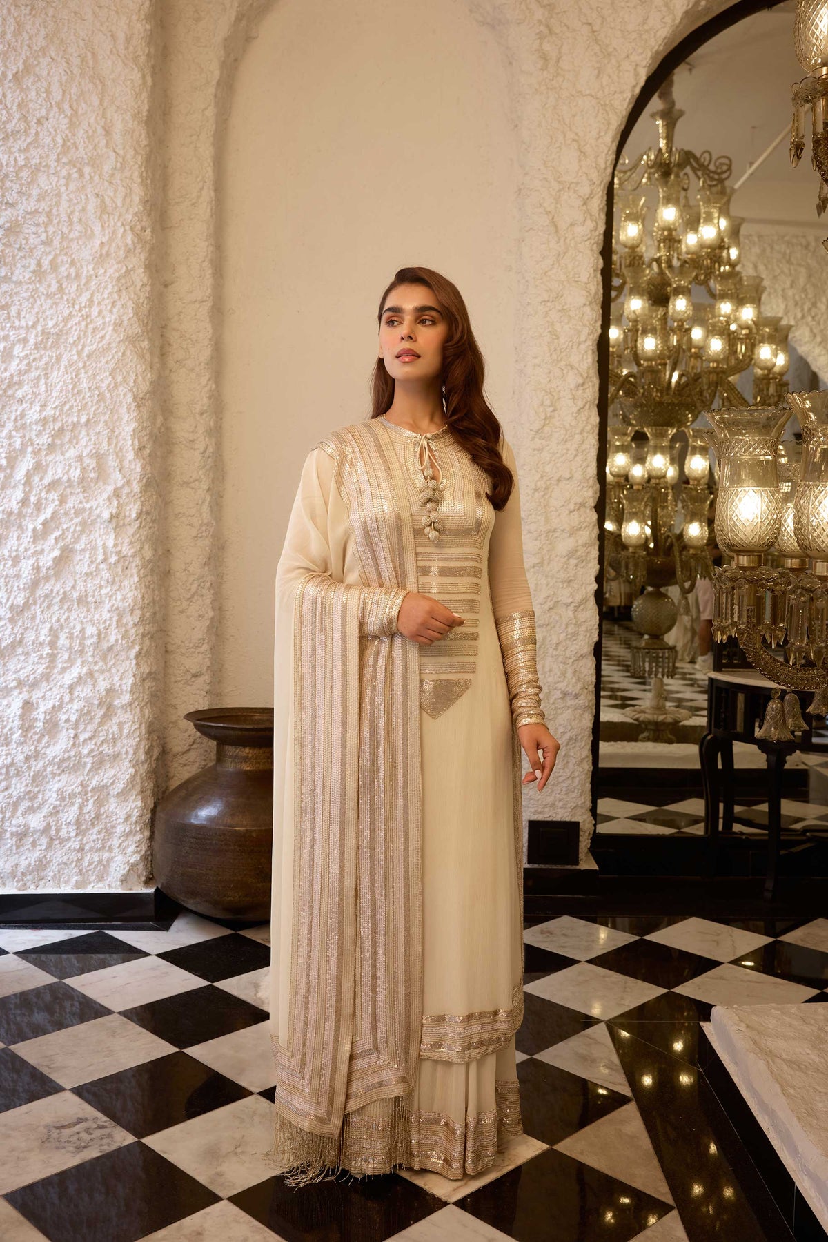 Kurta Set in yoke sheeted gold silver sequin embroidery