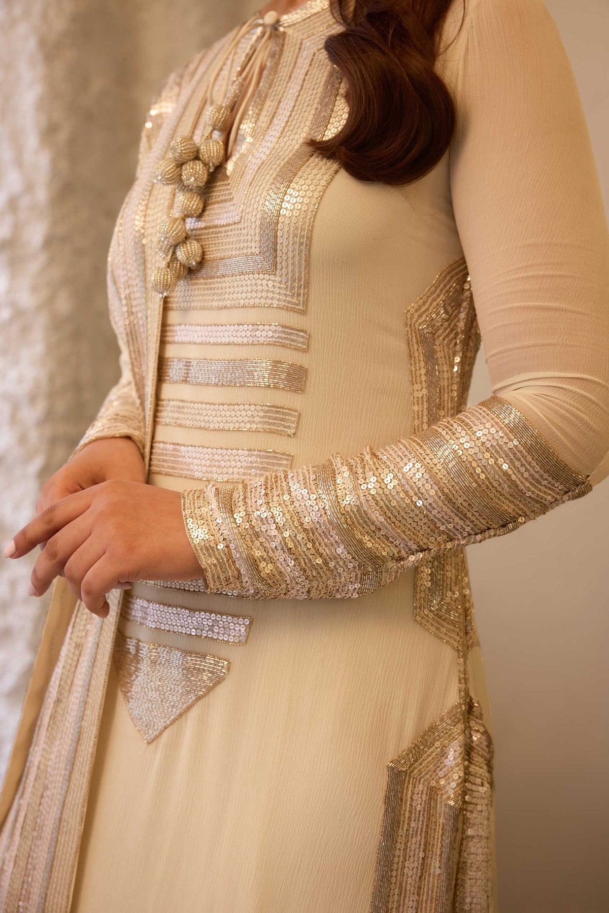 Kurta Set in yoke sheeted gold silver sequin embroidery