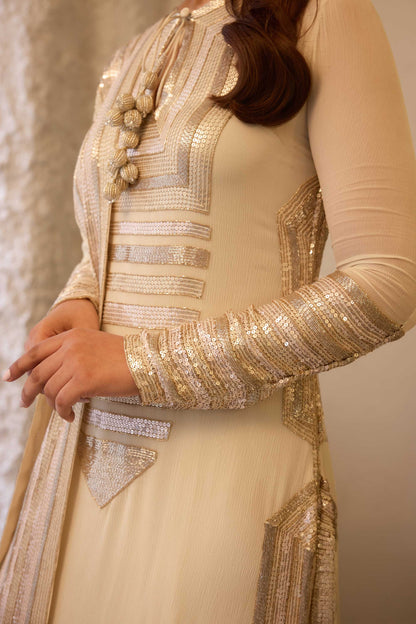 Kurta Set in yoke sheeted gold silver sequin embroidery