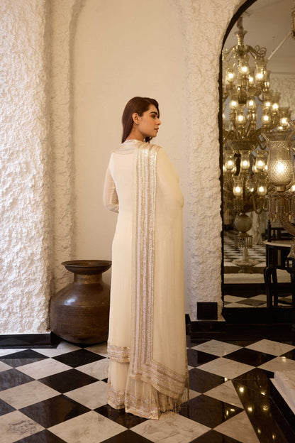 Kurta Set in yoke sheeted gold silver sequin embroidery