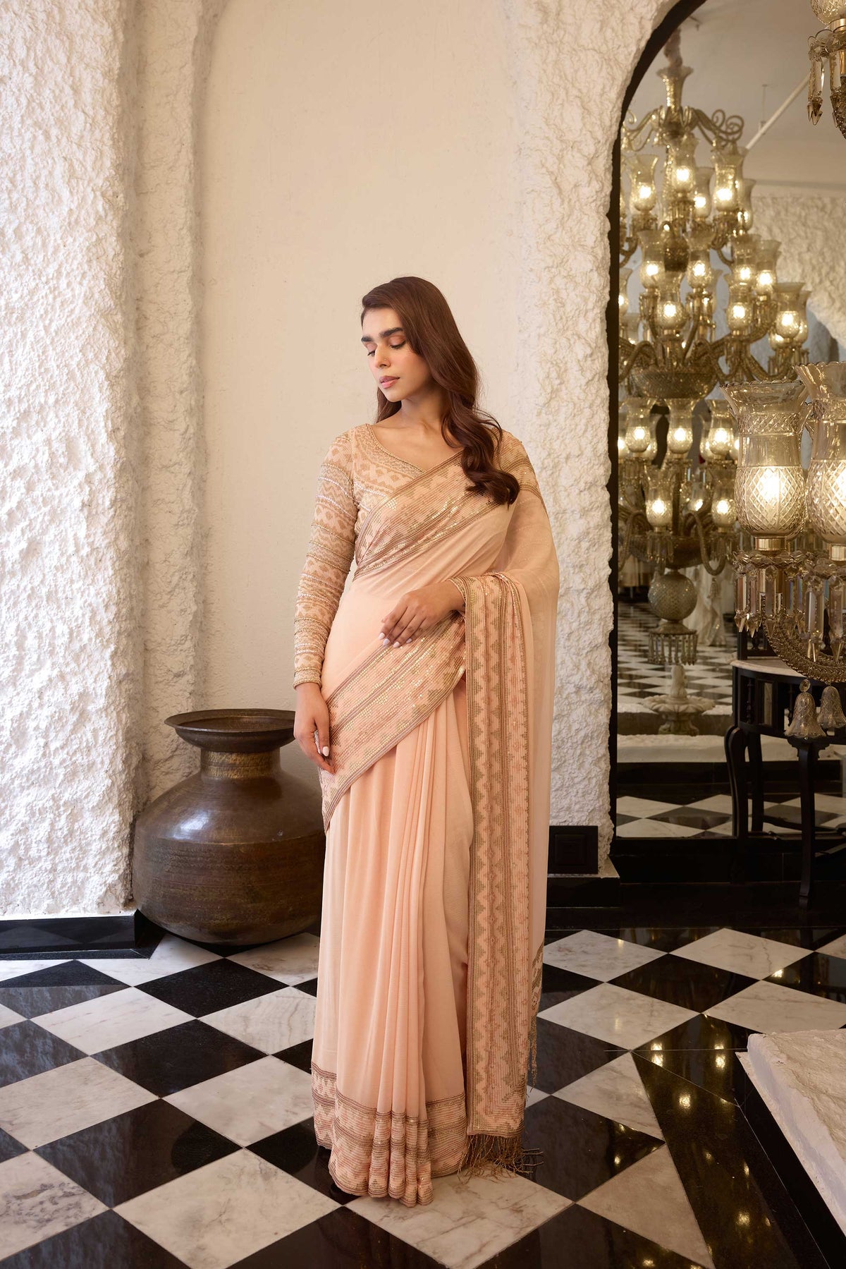 Sari Set In Egyptian Cutdana Pattern Embroidery