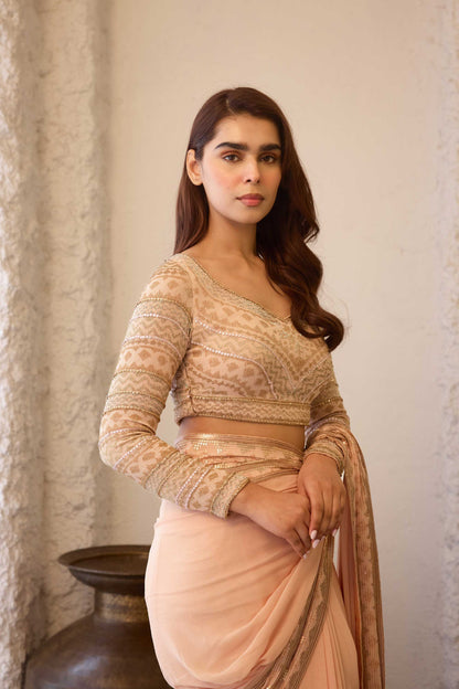 Sari Set In Egyptian Cutdana Pattern Embroidery