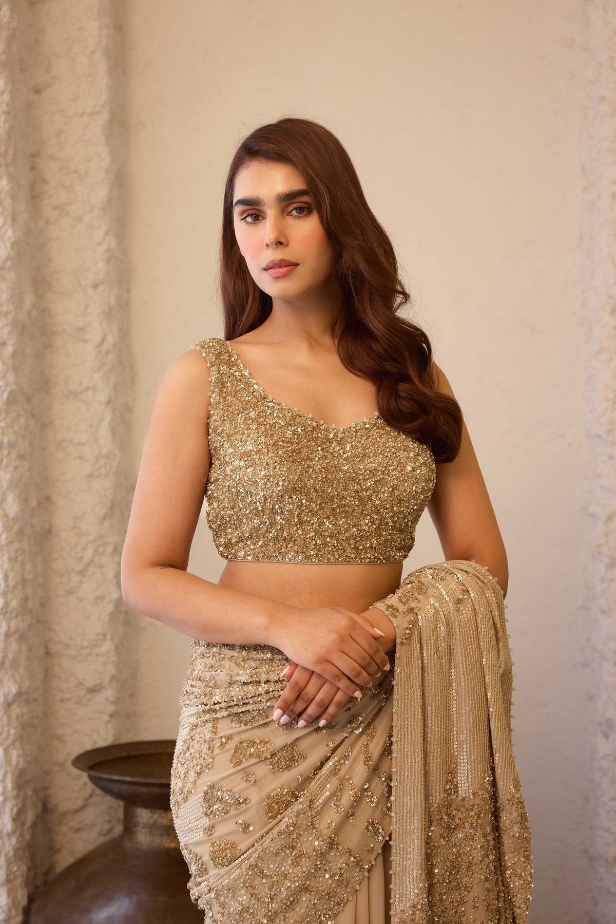 Sari Set in Sequin Embroidery in Alligator Skin Design