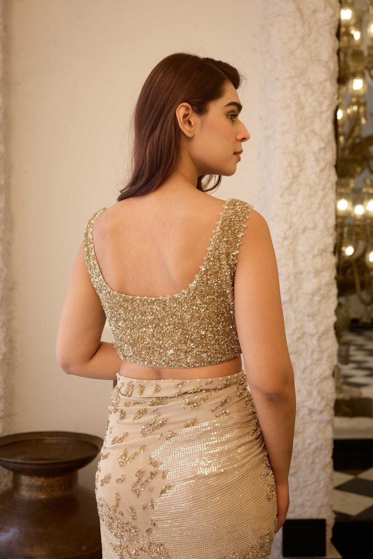 Sari Set in Sequin Embroidery in Alligator Skin Design