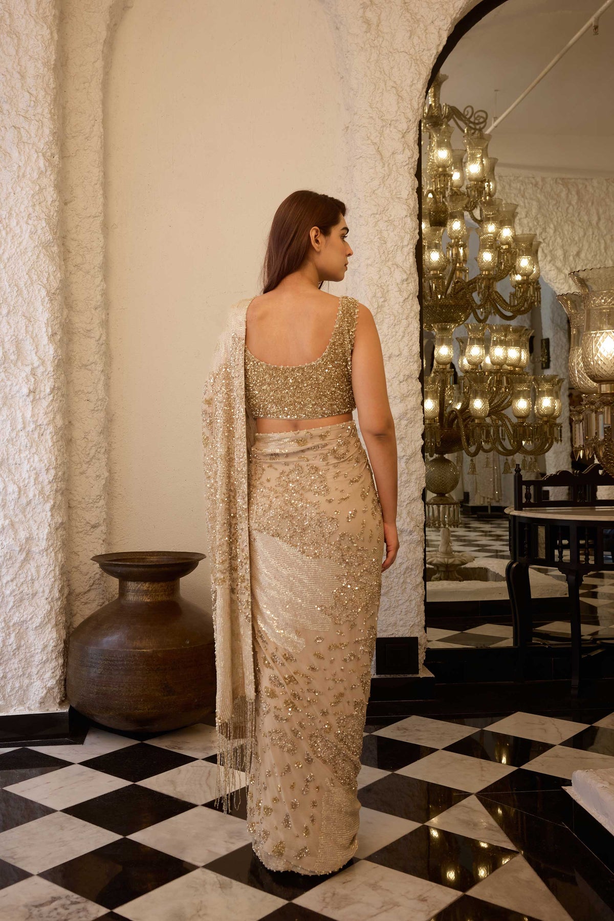 Sari Set in Sequin Embroidery in Alligator Skin Design