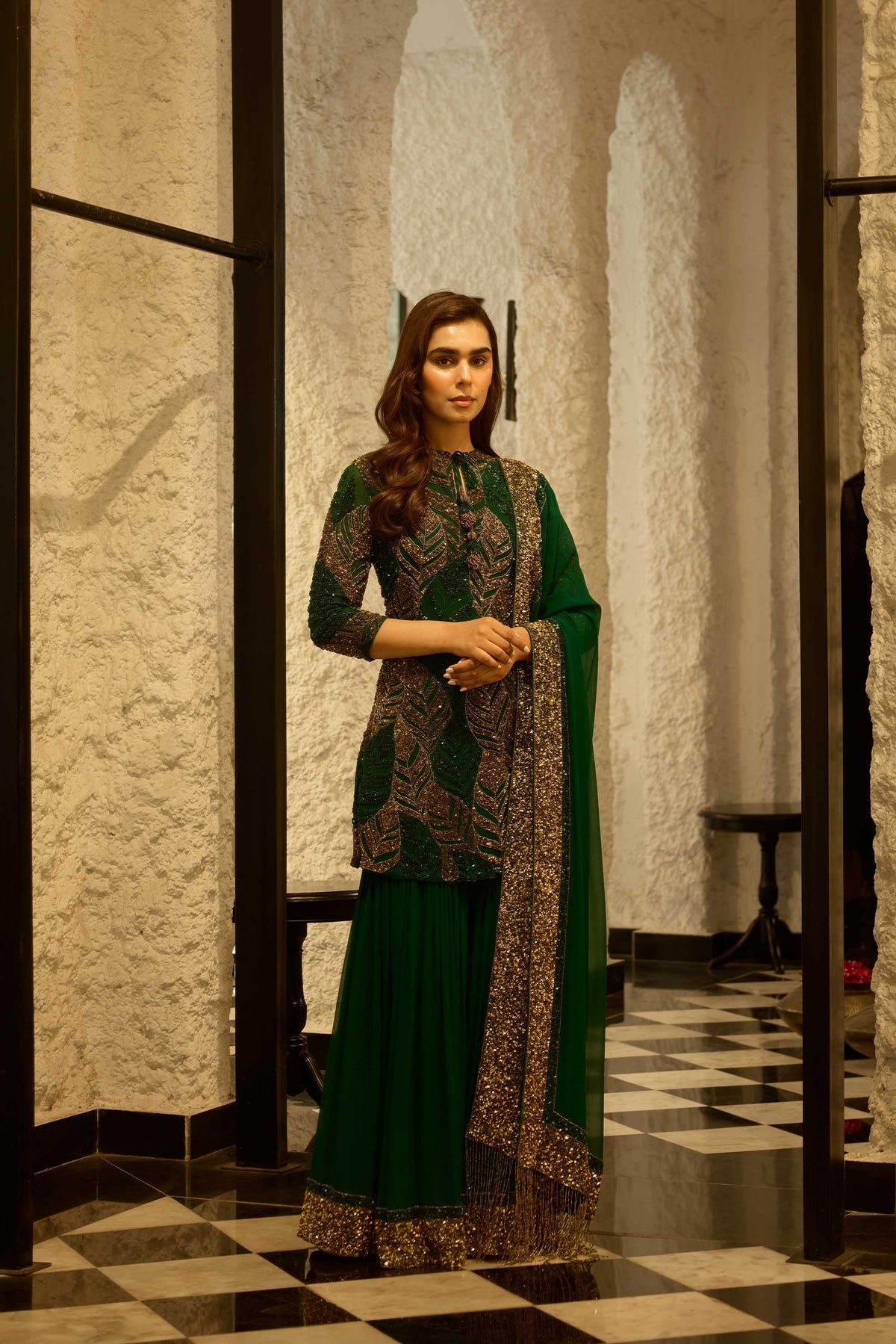 Gharara Set in cutdana and gold sequin leaf embroidery